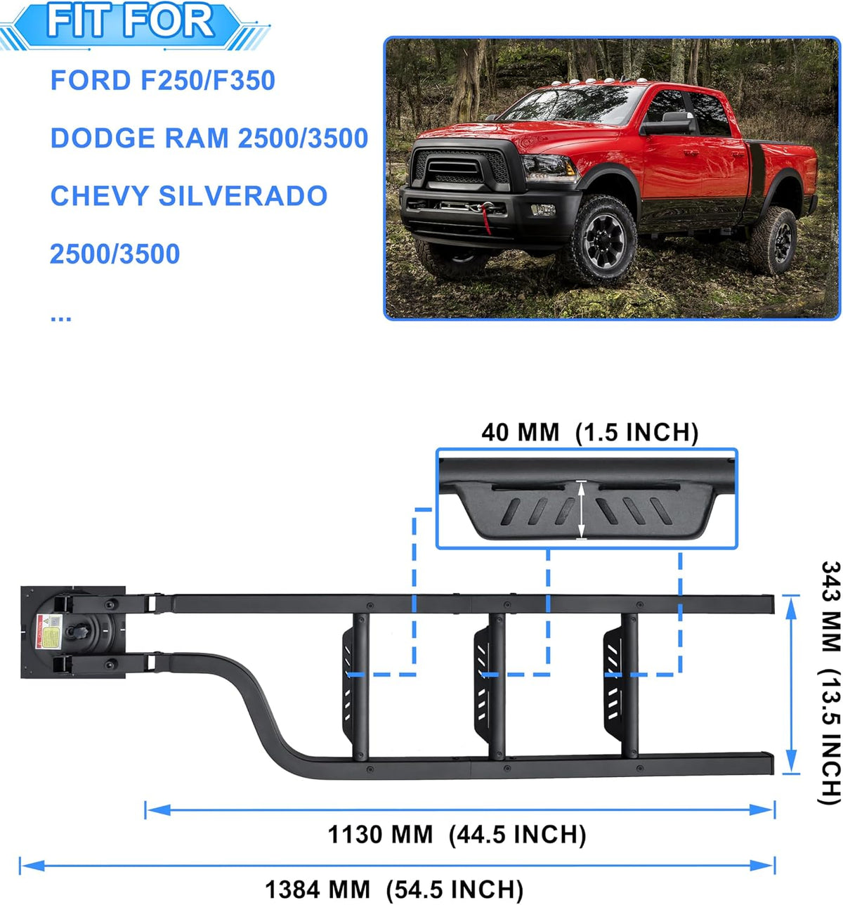 rotatable universal pickup truck tailgate ladder, 600-lb capacity, front angle view
