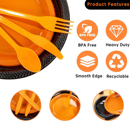 LUODA MirthMood 350PCS black and orange Plastic Plates,Black Disposable Plates –Plastic Plates Set Includes 50 Dinner,50 Dessert Plate,50 Cup&50 Napkins, 50 orange Silverware for Parties&Halloween