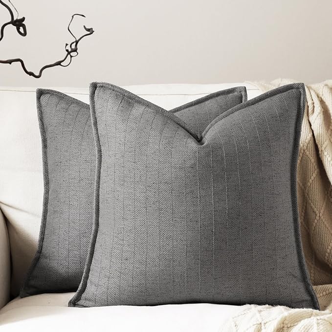 24x24 Linen Pillow Covers Grey Pack of 2 Farmhouse Boho Neutral Accents Striped by DEZENE