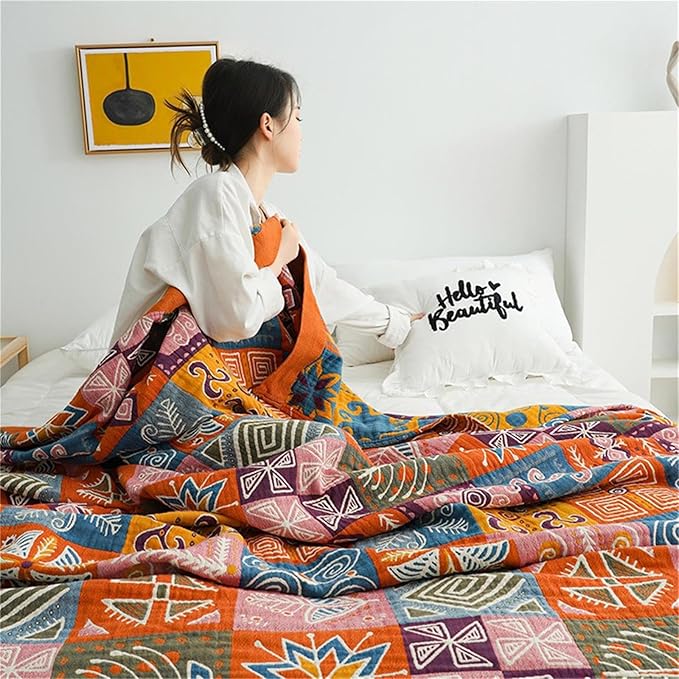 Cotton Throw Boho Blanket for Couch Bed, Cotton Quilted Boho 80''x90'' Muslin - Image 6