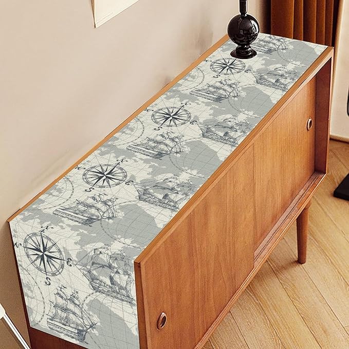 Nautical Table Runner, Retro Coastal Treasure Map Sailing Ship Compass - Image 3