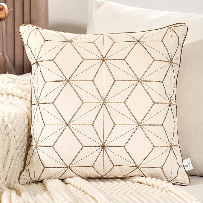 Aeckself White Gold Plaid Geometric Throw Pillow Cover 18x18 Inch, Soft Velvet by AECKSELF