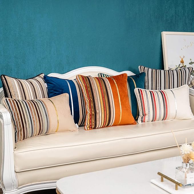 Yangest Brown Striped Patchwork Throw Pillow Cover Gold Leather Cushion Cover - Image 7