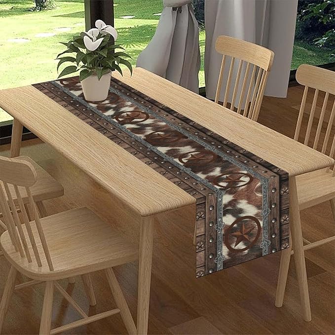 Western Table Runner, Rustic Texas Star Brown Cow Print Skin Cowhide Farmhouse - Image 2