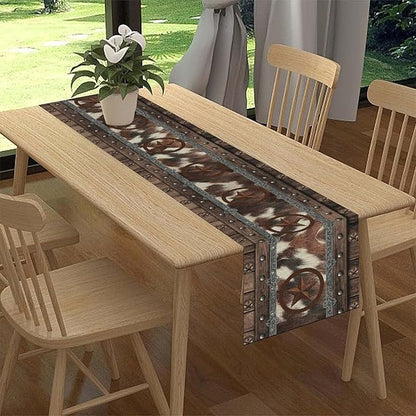 Western Table Runner, Rustic Texas Star Brown Cow Print Skin Cowhide Farmhouse - Image 2
