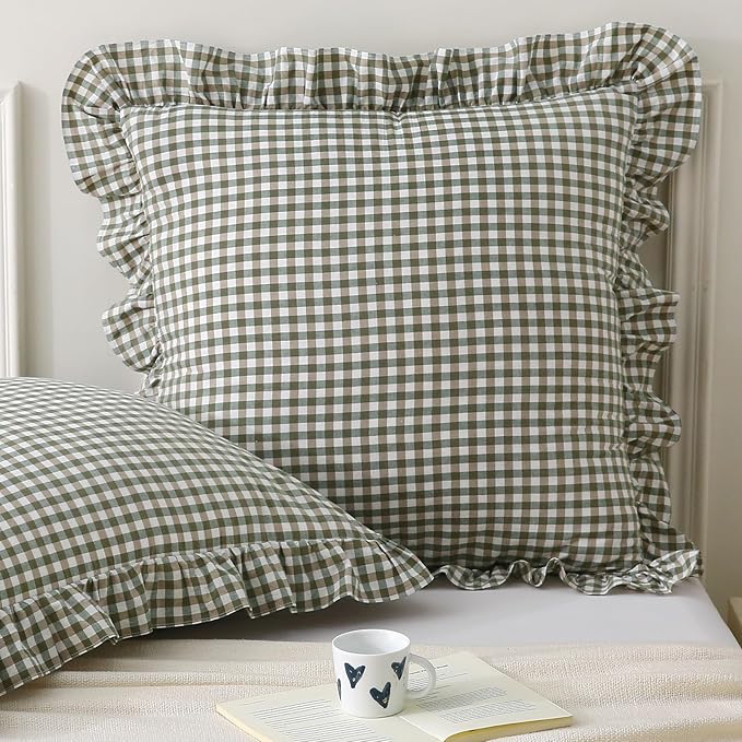 Aryeleay 2 Pack Sage Green White and Brown Plaid Gingham Ruffle Pillow Shams by Aryeleay