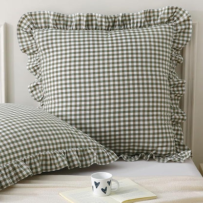Aryeleay 2 Pack Sage Green White and Brown Plaid Gingham Ruffle Pillow Shams by Aryeleay