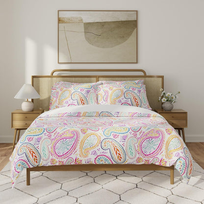 QuickZip Duvet Cover with Zipper Closure – Ultra Soft Long-Staple 100% Cotton, Oeko-Tex Certified, Durable Interior Corner Ties, Corner Clips, Full/Queen, Reversible Paisley/White (Sateen)
