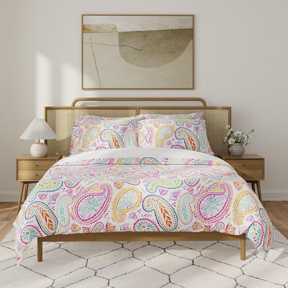 QuickZip Duvet Cover with Zipper Closure – Ultra Soft Long-Staple 100% Cotton, Oeko-Tex Certified, Durable Interior Corner Ties, Corner Clips, Full/Queen, Reversible Paisley/White (Sateen)