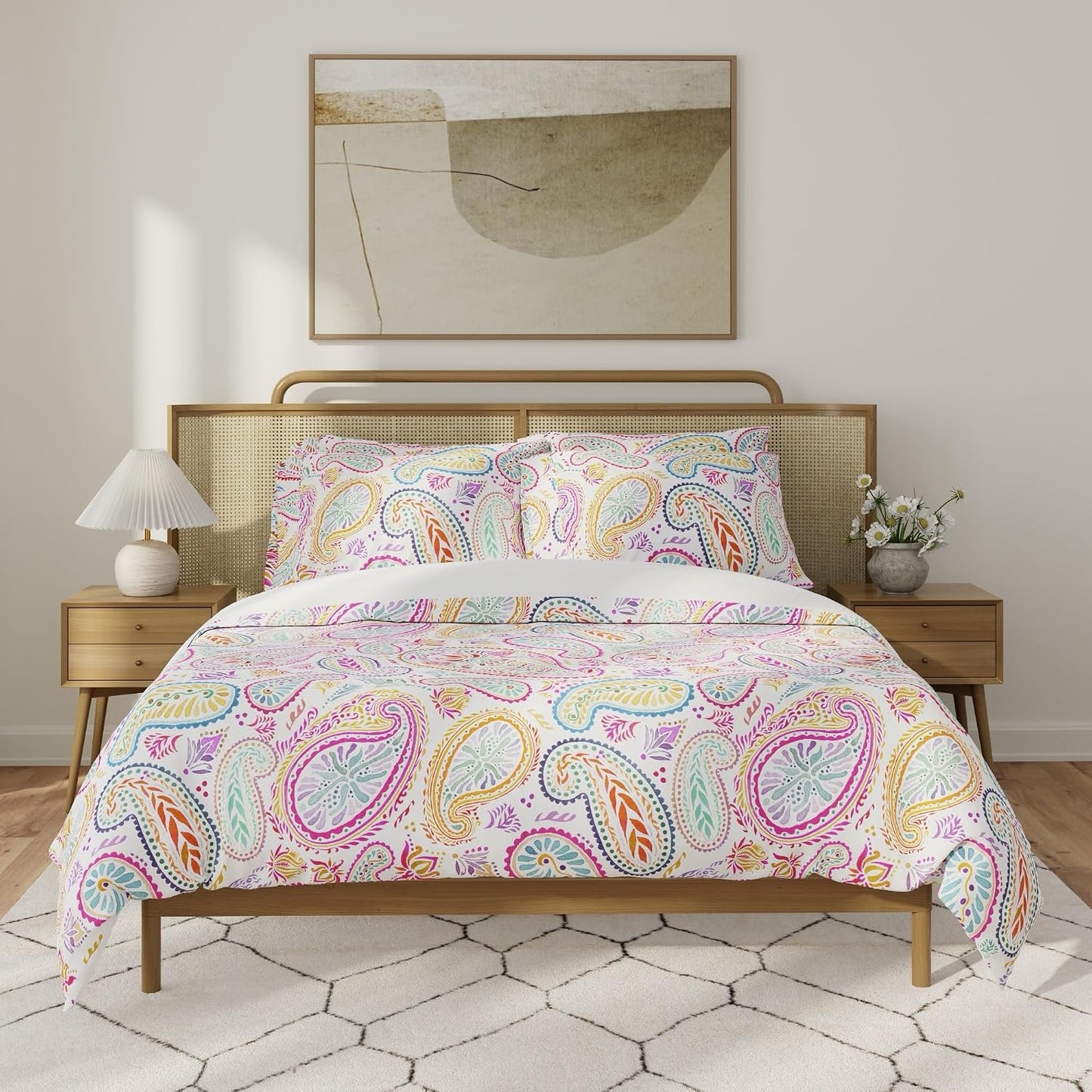 QuickZip Duvet Cover with Zipper Closure – Ultra Soft Long-Staple 100% Cotton, Oeko-Tex Certified, Durable Interior Corner Ties, Corner Clips, Full/Queen, Reversible Paisley/White (Sateen)