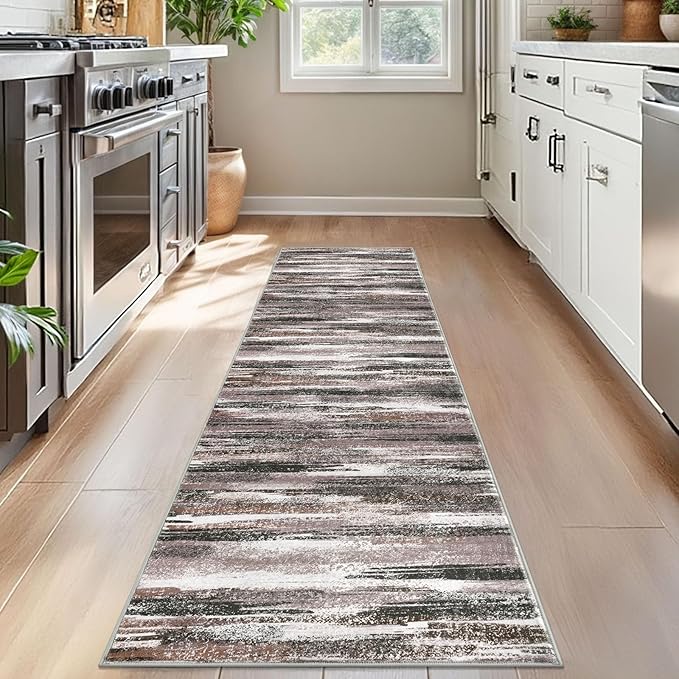 Modern Abstract Bedroom Runner Rug 2x7, Dark Light Brown White Washable Kitchen - Image 2