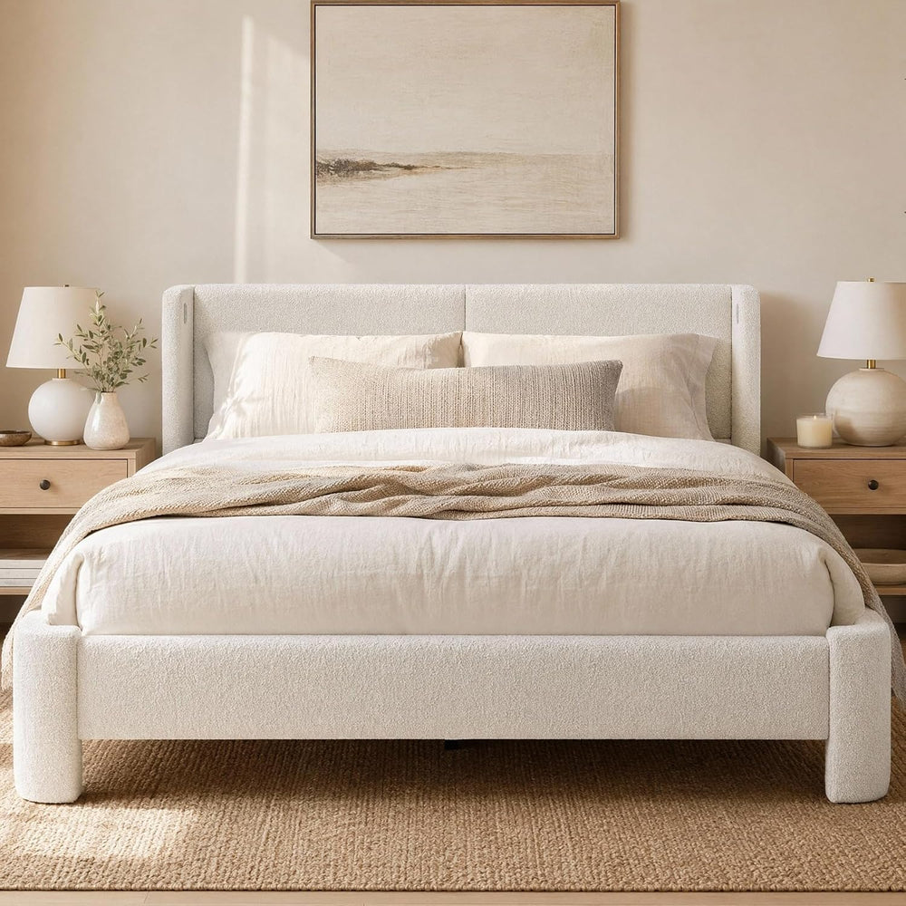 LIKIMIO Queen Bed Frame with USB Ports & Wingback Headboard, Cream White