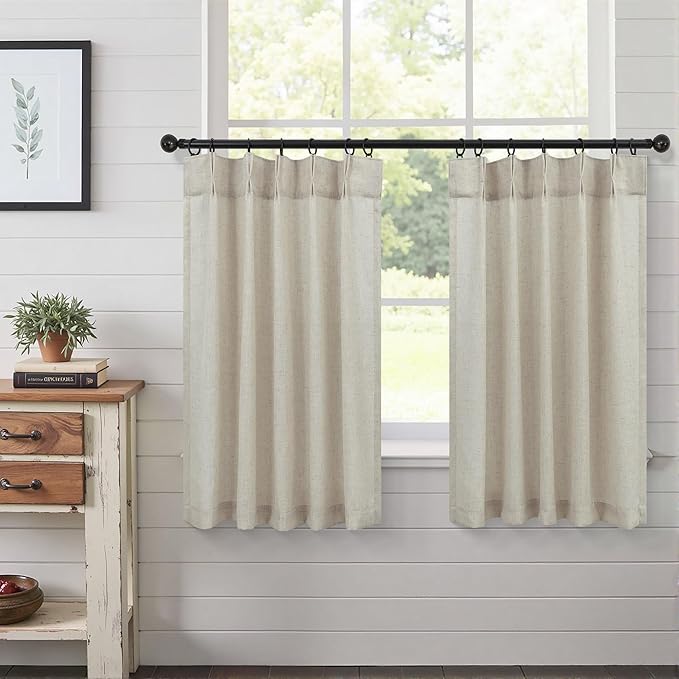 Beige Kitchen Curtains 36 Inch Length 2 Panels Linen Farmhouse Pinch Pleated by DANCURTON