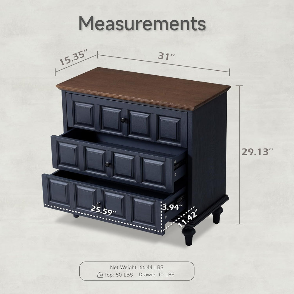 Aoikax Retro 3 Drawer Dresser X 2P, Natural Wood, Dark Blue