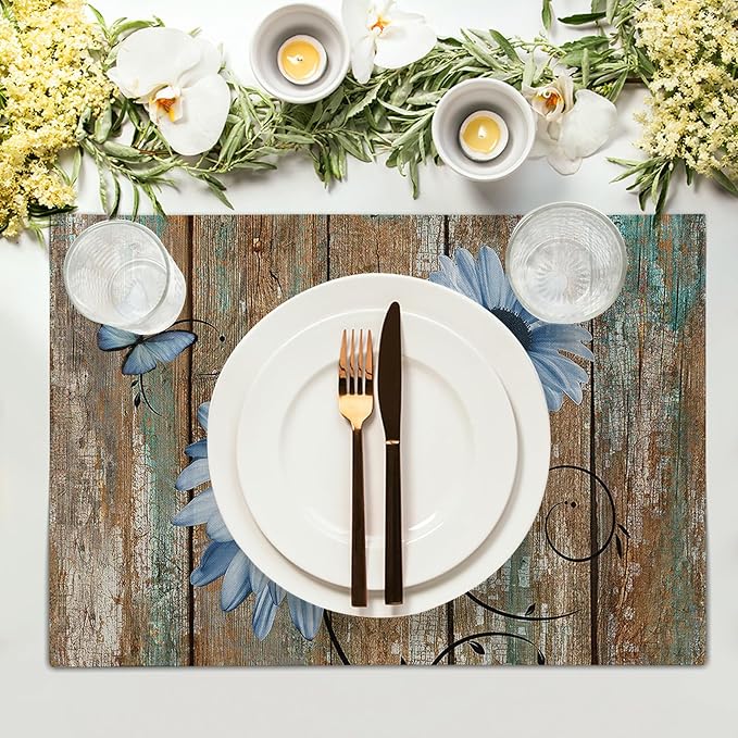 Giwawa Rustic Daisy Placemats Set of 4- Blue Sunflowers on Vintage Wood Board - Image 3