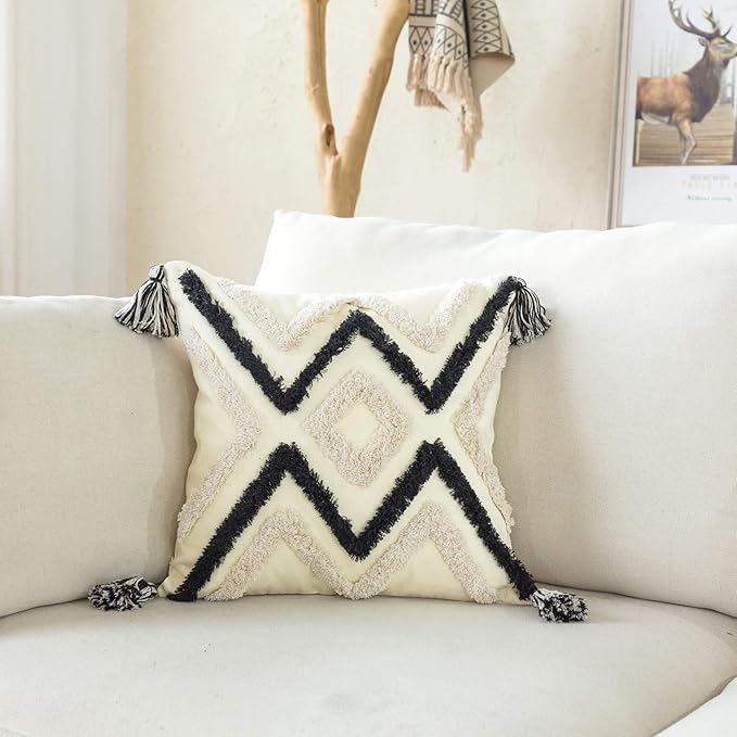 Woven Tufted Boho Throw Pillow Cover, Modern Decorative Geometric Chevron - Image 3