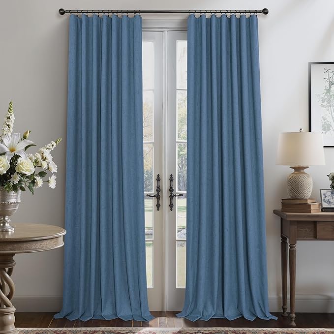 Denim Blue Blackout Curtains & Drapes 84 Inch Length 2 Panels Set Faux Linen - Image 7