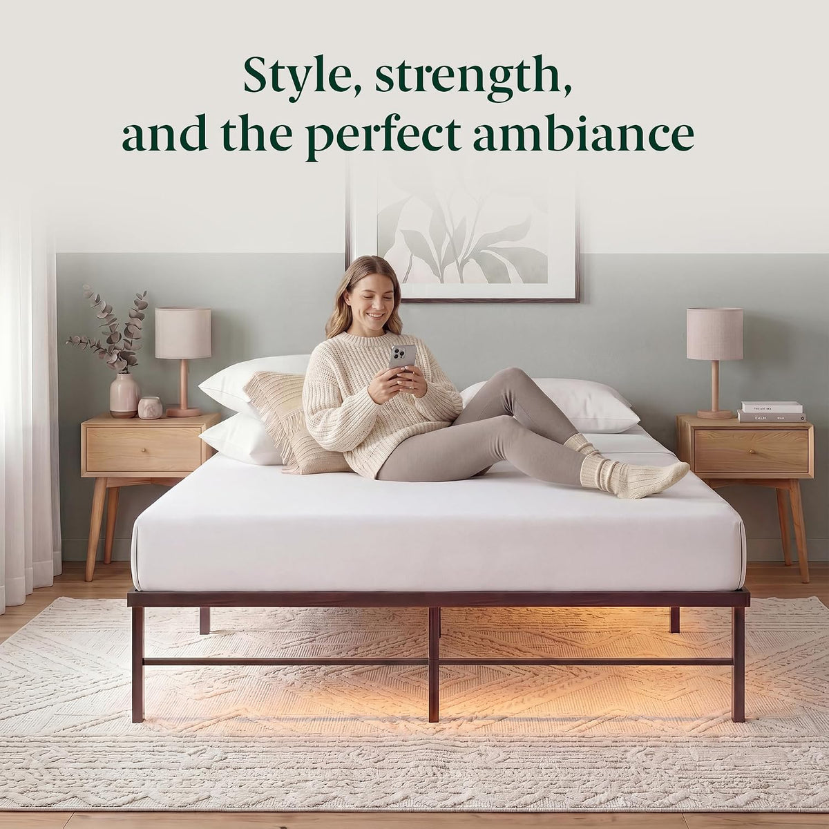 zinus rumi heavy duty metal platform bed frame on a desk or shelf