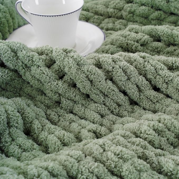 Battilo Sage Green Chunky Knit Throw Blanket, Soft and Thick Chenille Throw - Image 5