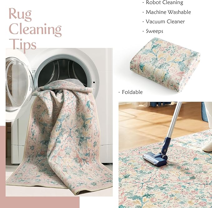 MUJOO Pink Washable Rugs 8x10, Floral Area Rug - Image 5