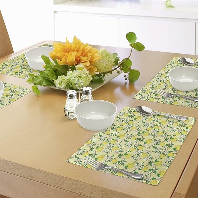 Ambesonne Lemons Place Mats Set of 4, Blooming Lemon Flowers on Tree Branches - Image 4