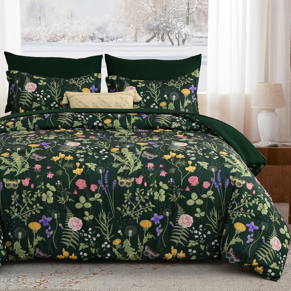 Yiran Queen Comforter Set 7 Piece, Dark Green Floral Bedding Bed in a Bag