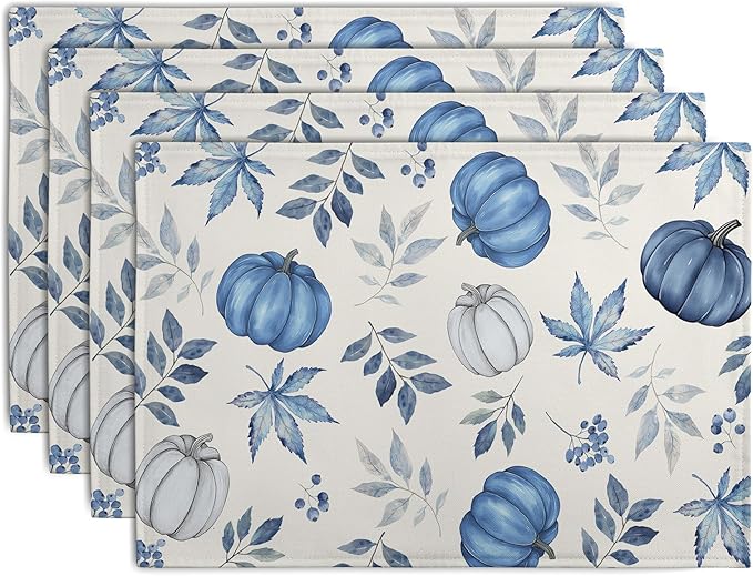 Blue Pumpkin Maple Leaves Fall Placemats Set of 4 Autumn Thanksgiving Harvest by Wnoesat