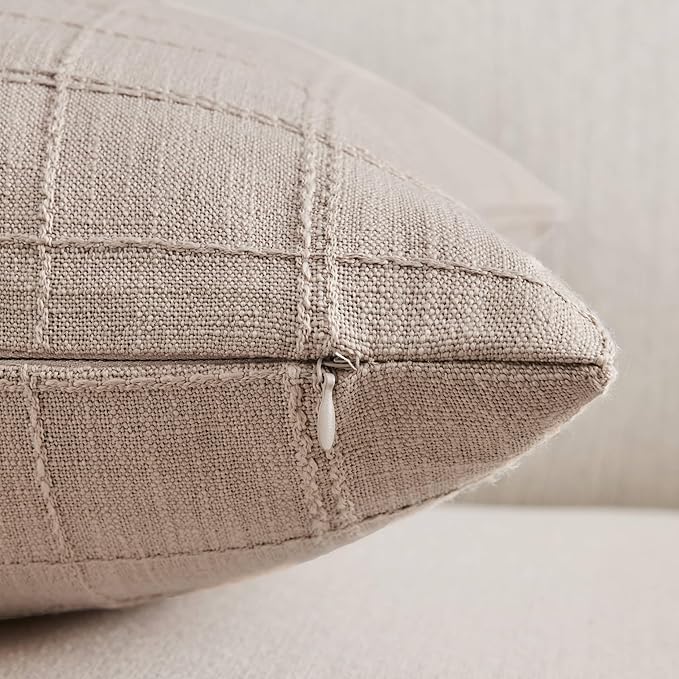 ZeeMart Linen Checked Throw Pillow Covers Set of 2, 24x24 Inch Allover Grid - Image 2