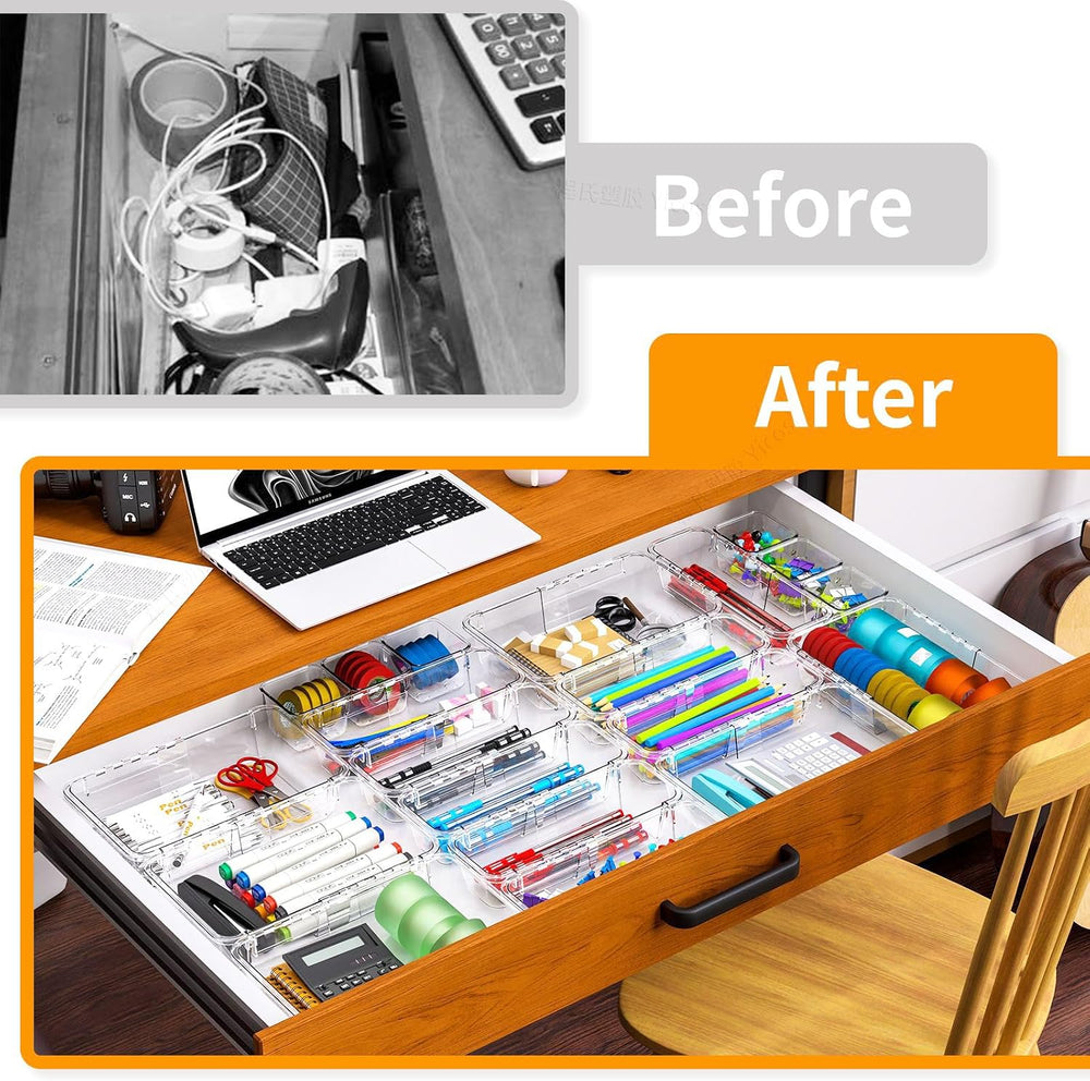 16 Pcs Extendable Clear Drawer Organizer, All Adjustable Vanity Storage Box, ...