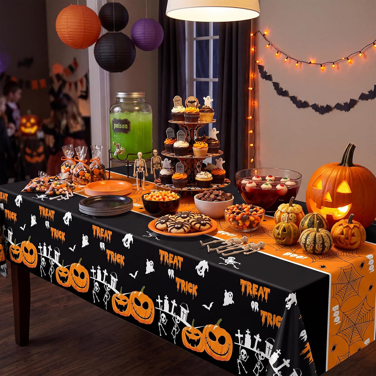 54 Inch X 100 Feet Plastic Table Cover Roll Disposable Halloween Tablecloth with Slide Cutter Pumpkin Ghost Plastic Table Covers for Halloween Party Decorations(Halloween Table Runner, 100Feet)
