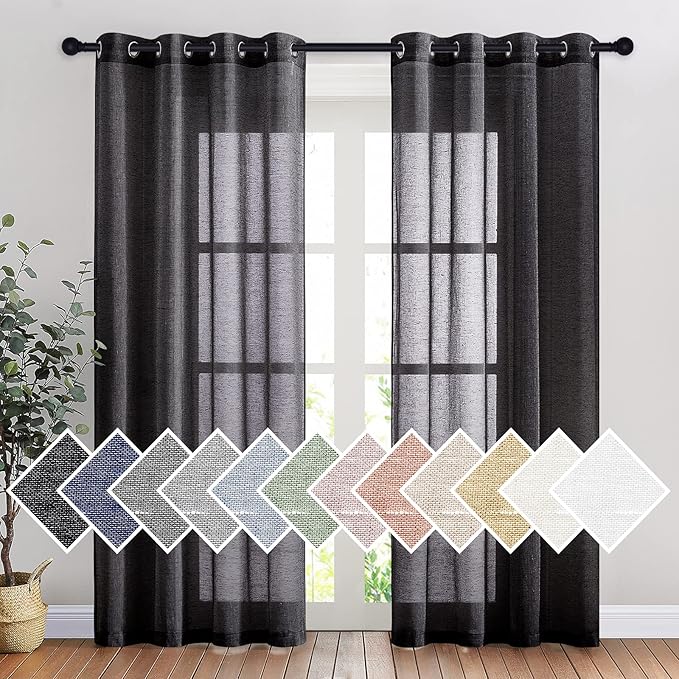 NICETOWN Black Sheer Curtains 84 inches Long, Grommet Semi Sheer Linen Drapes by NICETOWN