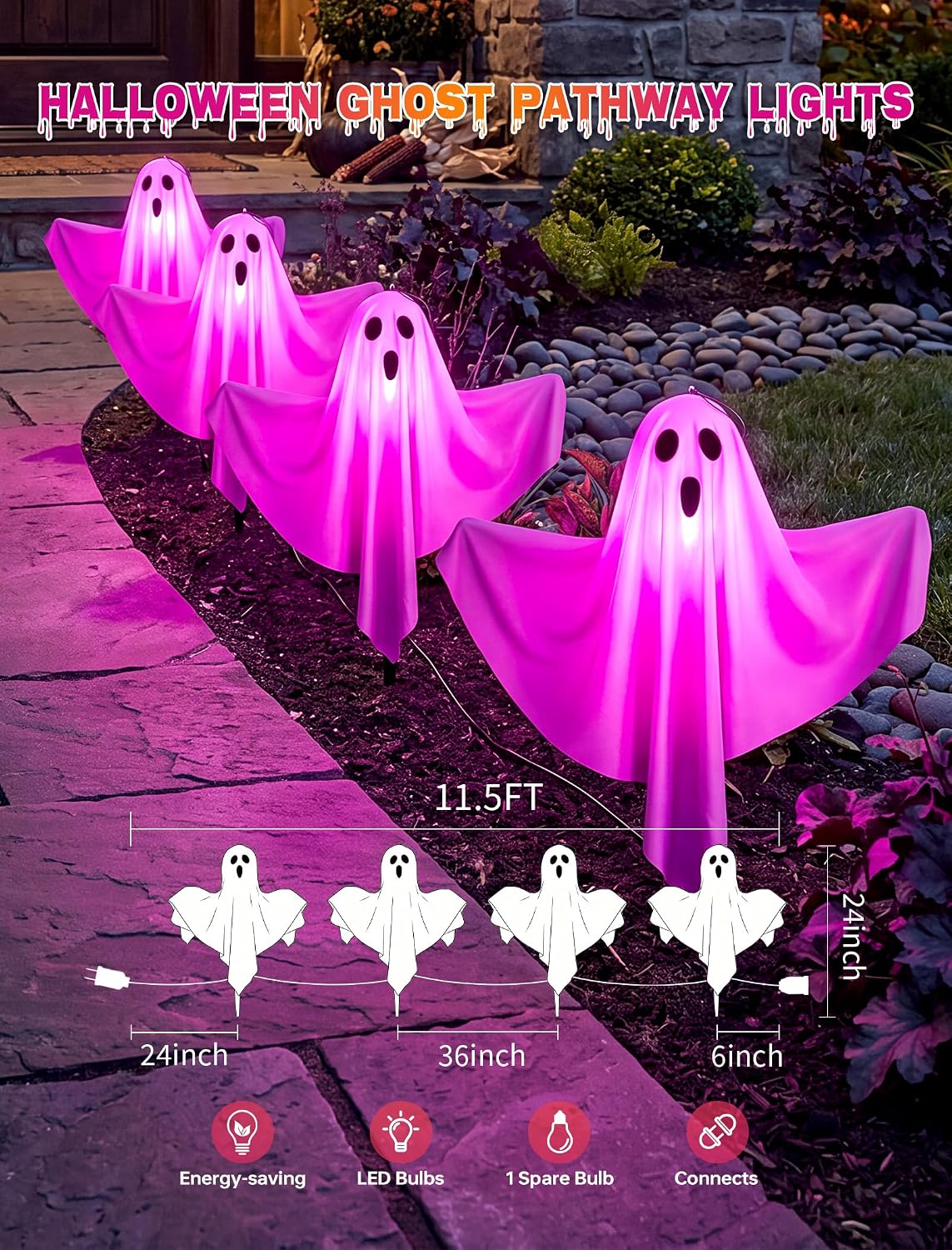 11.5Ft Halloween Light up Outdoor Ghost Pathway Lights, 4PK Purple Lights
