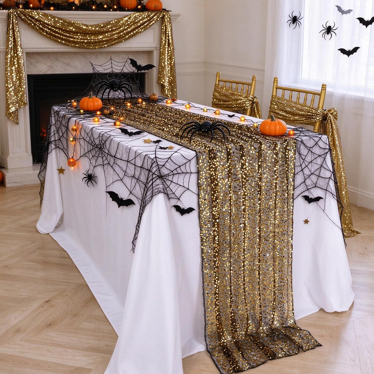 Black Gold Sequin Table Runner Rectangular Glitter Halloween Party Reusable