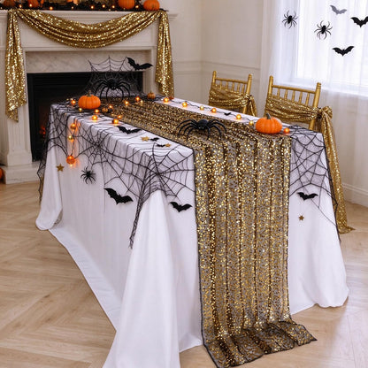 Black Gold Sequin Table Runner Rectangular Glitter Halloween Party Reusable