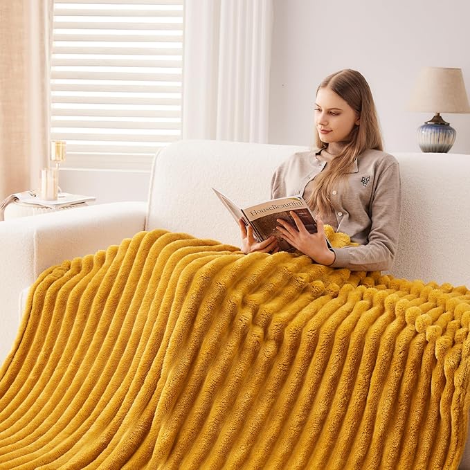 NEWCOSPLAY Super Soft Twin Blanket Mustard Yellow Premium Silky Flannel Fleece - Image 3
