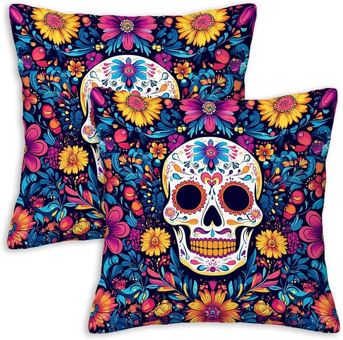 Sugar Skull Pillow Covers 18x18 Set of 2, Day of The Dead Halloween Cushion by Unknown