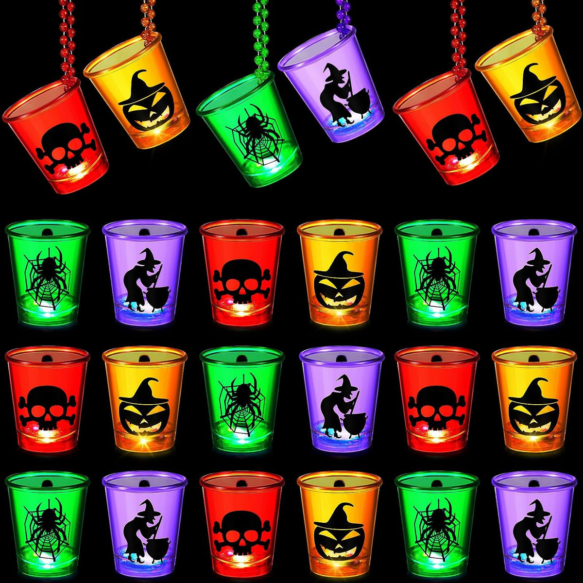 Henoyso 24 Pcs Halloween Shot Glass on Beaded Necklace Skull Plastic Shot Glasses Ghost Cups Assorted Glass Necklaces Bulk for Halloween Party Favors Decorations Supplies (Stylish Style)