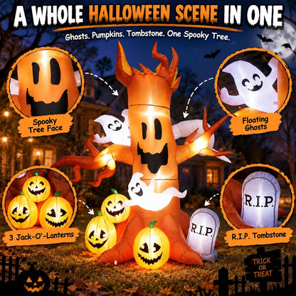 8FT Halloween Inflatable Ghost Tree Decoration with Pumpkins, Tombstone