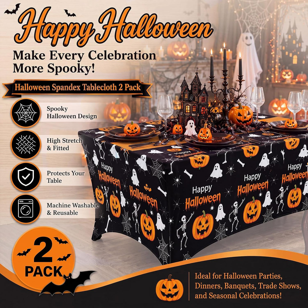 Moukeren 2 Pack Halloween Pumpkin Ghost Spandex Tablecloth 6ft Stretch Table Cloths Fitted Rectangular Table Cover Washable Spooky Skeleton Spider Web Cloth for Halloween Party Supplies Birthday Decor