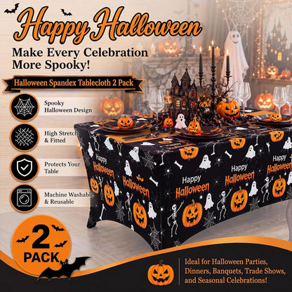 Moukeren 2 Pack Halloween Pumpkin Ghost Spandex Tablecloth 6ft Stretch Table Cloths Fitted Rectangular Table Cover Washable Spooky Skeleton Spider Web Cloth for Halloween Party Supplies Birthday Decor