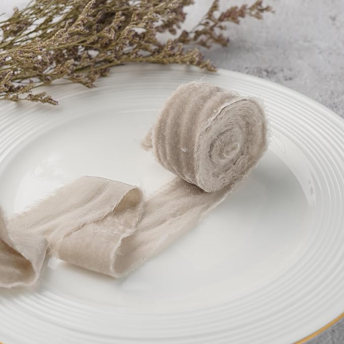 Taupe Velvet Ribbon 1.5 Inch Frayed Silk Velvet Ribbon Rustic Christmas Velvet - Image 6