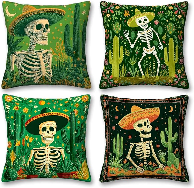 Day of The Dead Throw Pillow Covers | 18x18 Set of 4 Decorative Sugar Skull by YucZiken