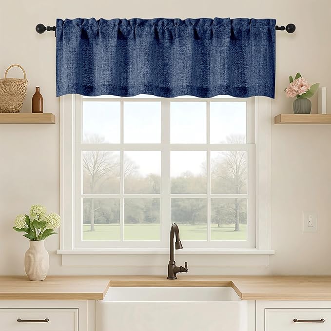 OVZME Navy Blue Valance for Windows, Light Filtering Faux Linen Textured Small by OVZME