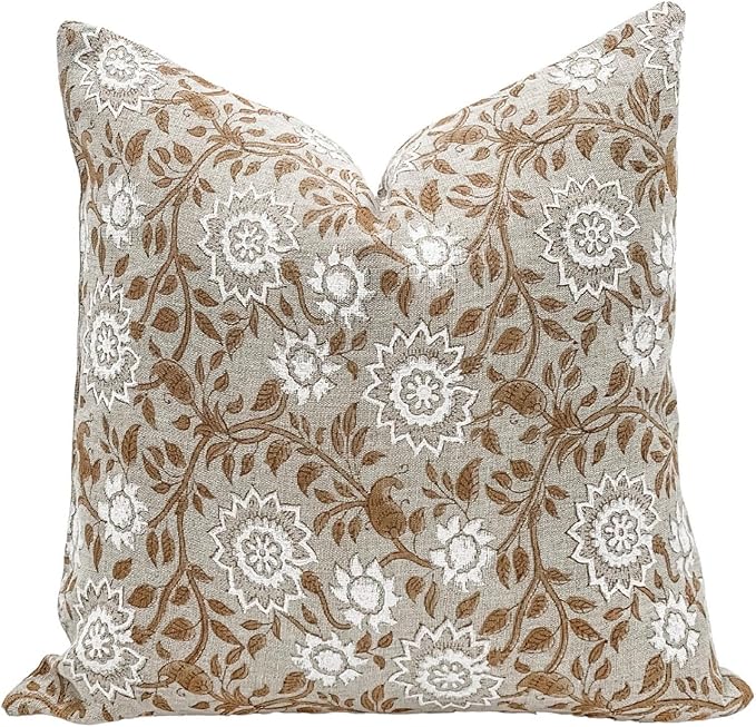 Designer Tan Beige Floral Design on Natural Linen Pillow Cover, Boho Décor - Image 3