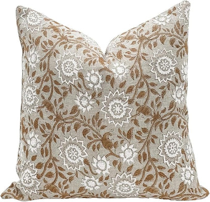 Designer Tan Beige Floral Design on Natural Linen Pillow Cover, Boho Décor - Image 3