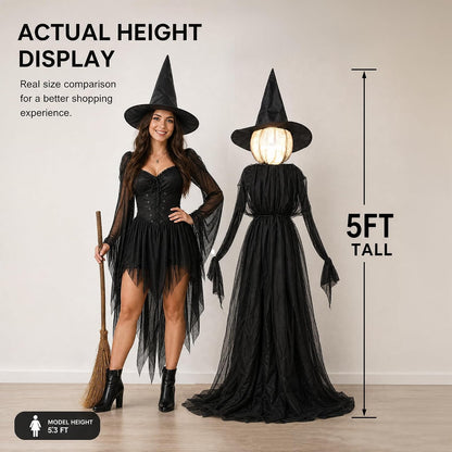 NEROSUN Halloween Witches Decorations Outdoor, 5 FT Set of 3 Light Up Holding Hands Witches with Stakes and Timer Function, Glowing Face Witch Decorations for Yard Garden Lawn Haunted House