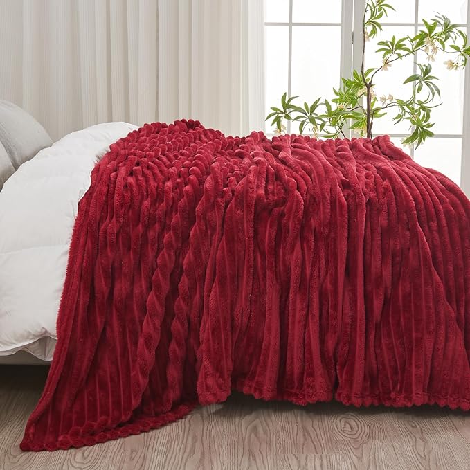NEWCOSPLAY Super Soft King Blanket Red Premium Silky Flannel Fleece 3D Ribbed - Image 4