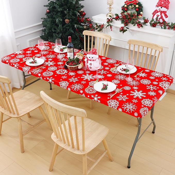 Smiry Plastic Christmas Tablecloth, Snowflake Waterproof Elastic Fitted Table - Image 8