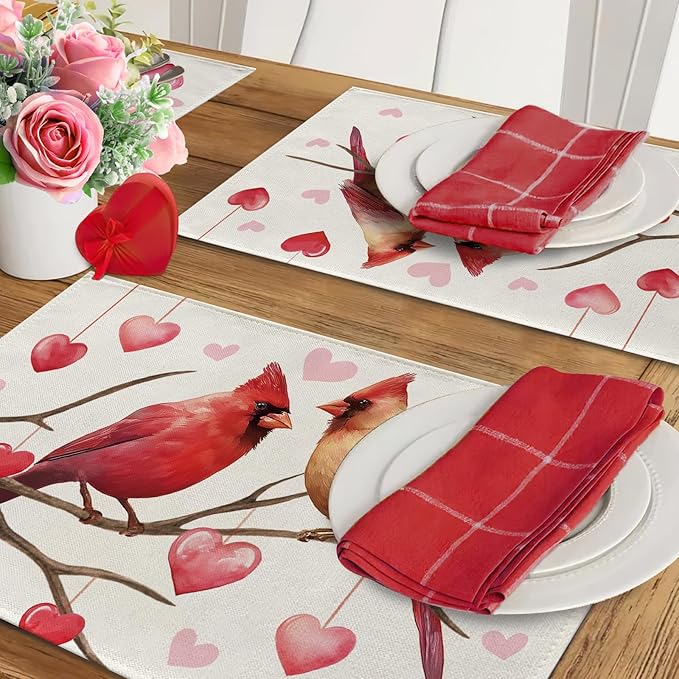 Valentines Day Cardinal Placemats Set of 4, Anniversary Wedding Home Kitchen - Image 5