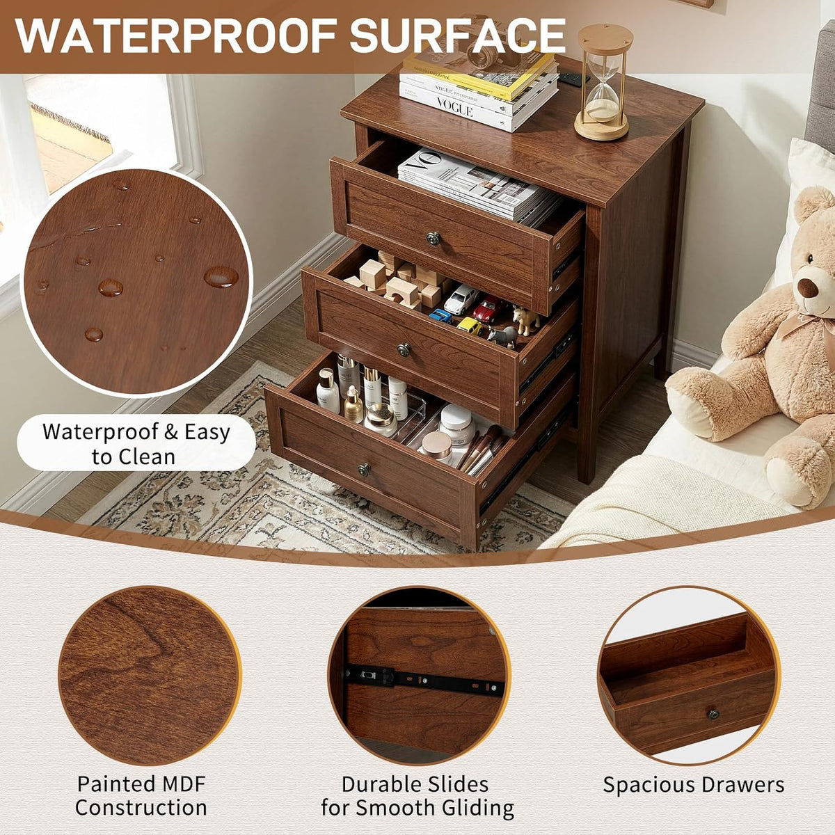 karl home brown farmhouse nightstand, wide end table showing dimensions